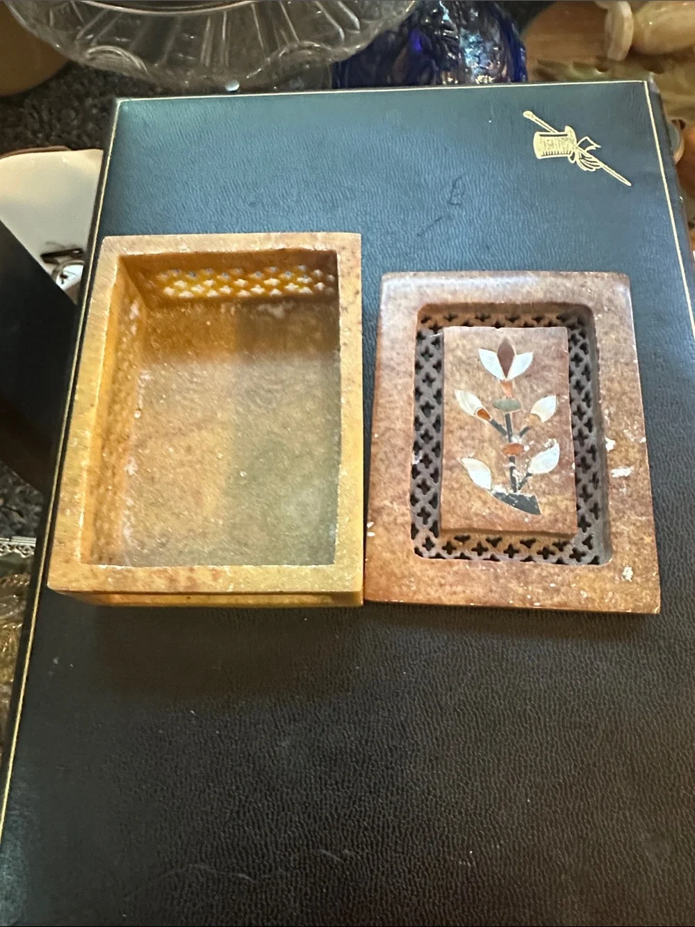 Handcrafted Brown Stone Cricket Box with Floral Inlay